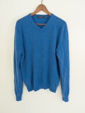 Sask Fifth Avenue 100% Cashmere Blue V-Neck Men's Sweater Size Large